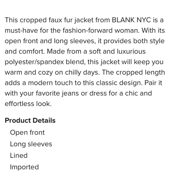 Evereve - Blank NYC - Womens Faux Fur Cropped Jacket - Off White - Size M - NWOT - Picture 5 of 5